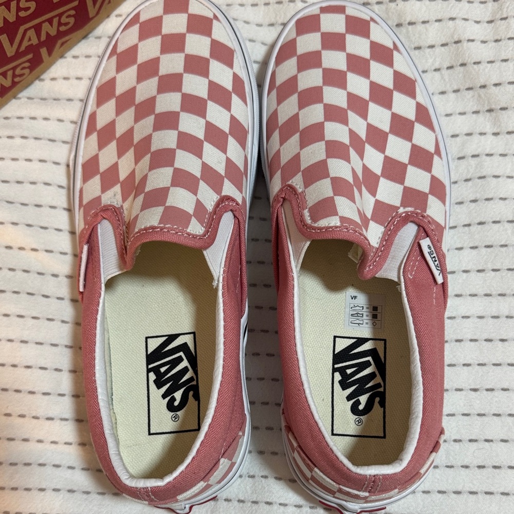 Vans Women’s Rose-Pink and White Checkered Slip-On Sneakers